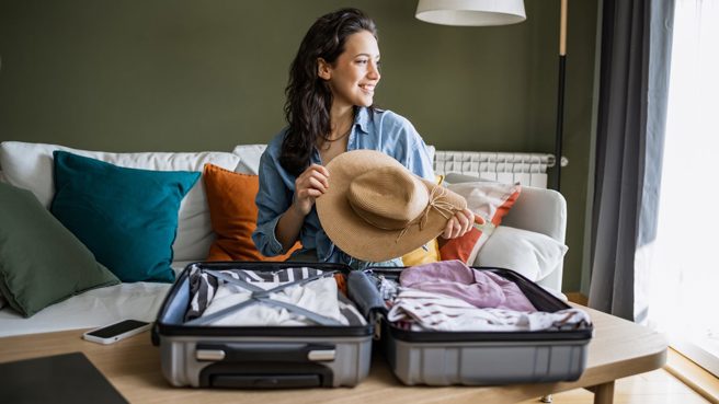 A woman smiles while packing her suitcase for a trip.